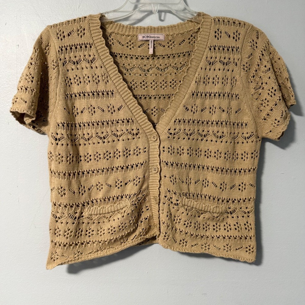 BCBGeneration Tan 100% Cotton Pointelle Knit Short Sleeve Cardigan Sweater Large